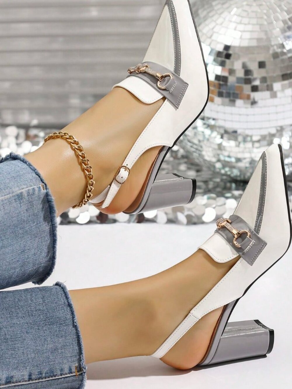 Grey Casual Chunky Heel Women's Pointed Toe Ankle Strap Sandals with Buckle - Picture 5 of 9
